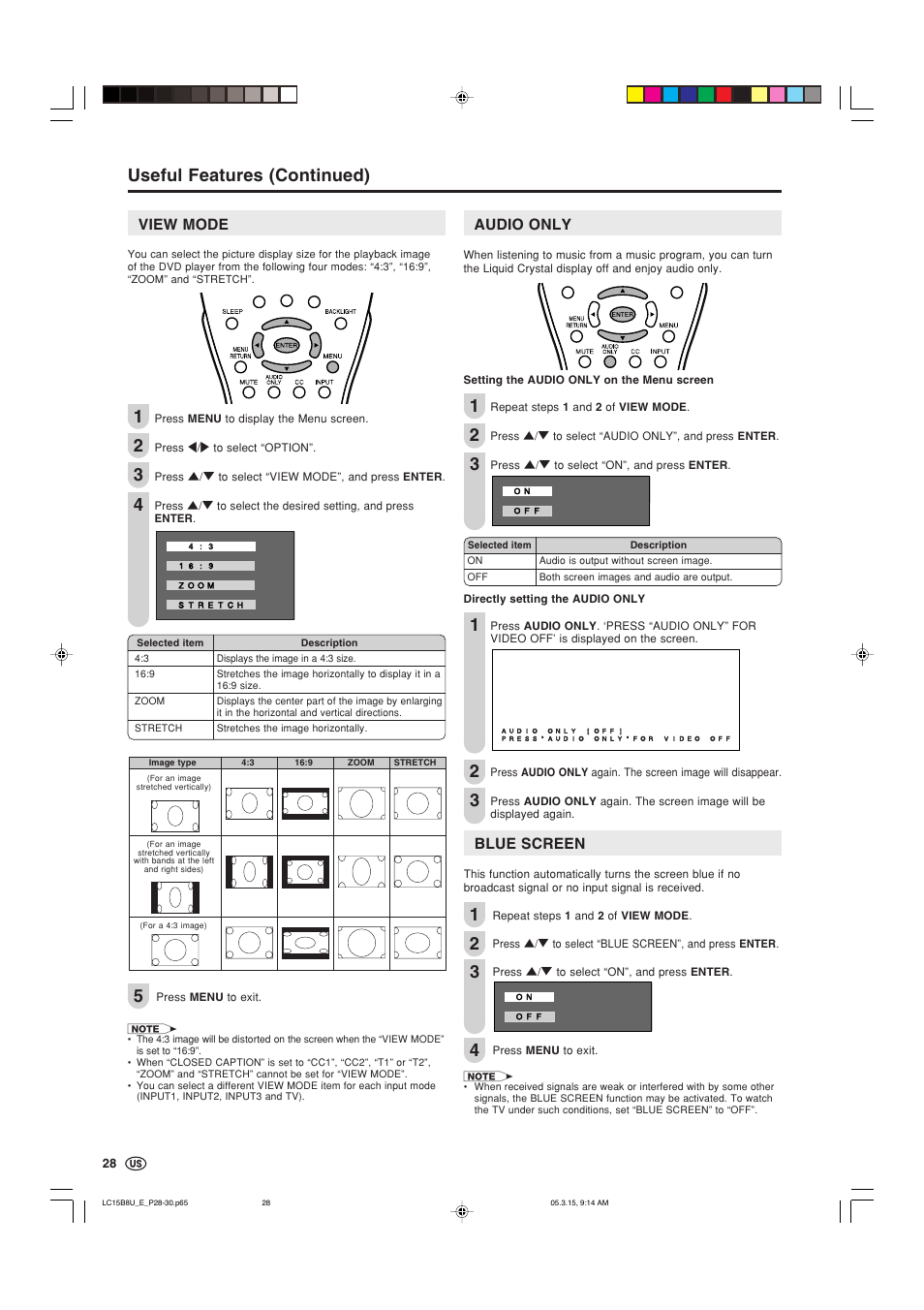 View mode, Audio only, Blue screen | Useful features (continued) | Sharp Aquos LC-15B8U-S User Manual | Page 29 / 39