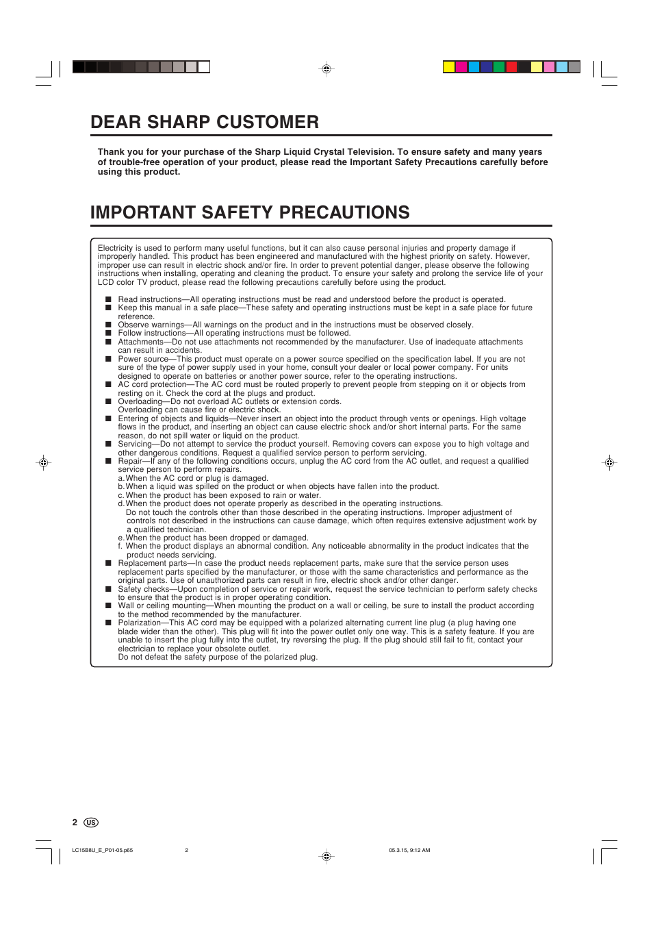 Dear sharp customer, Important safety precautions | Sharp Aquos LC-15B8U-S User Manual | Page 3 / 39