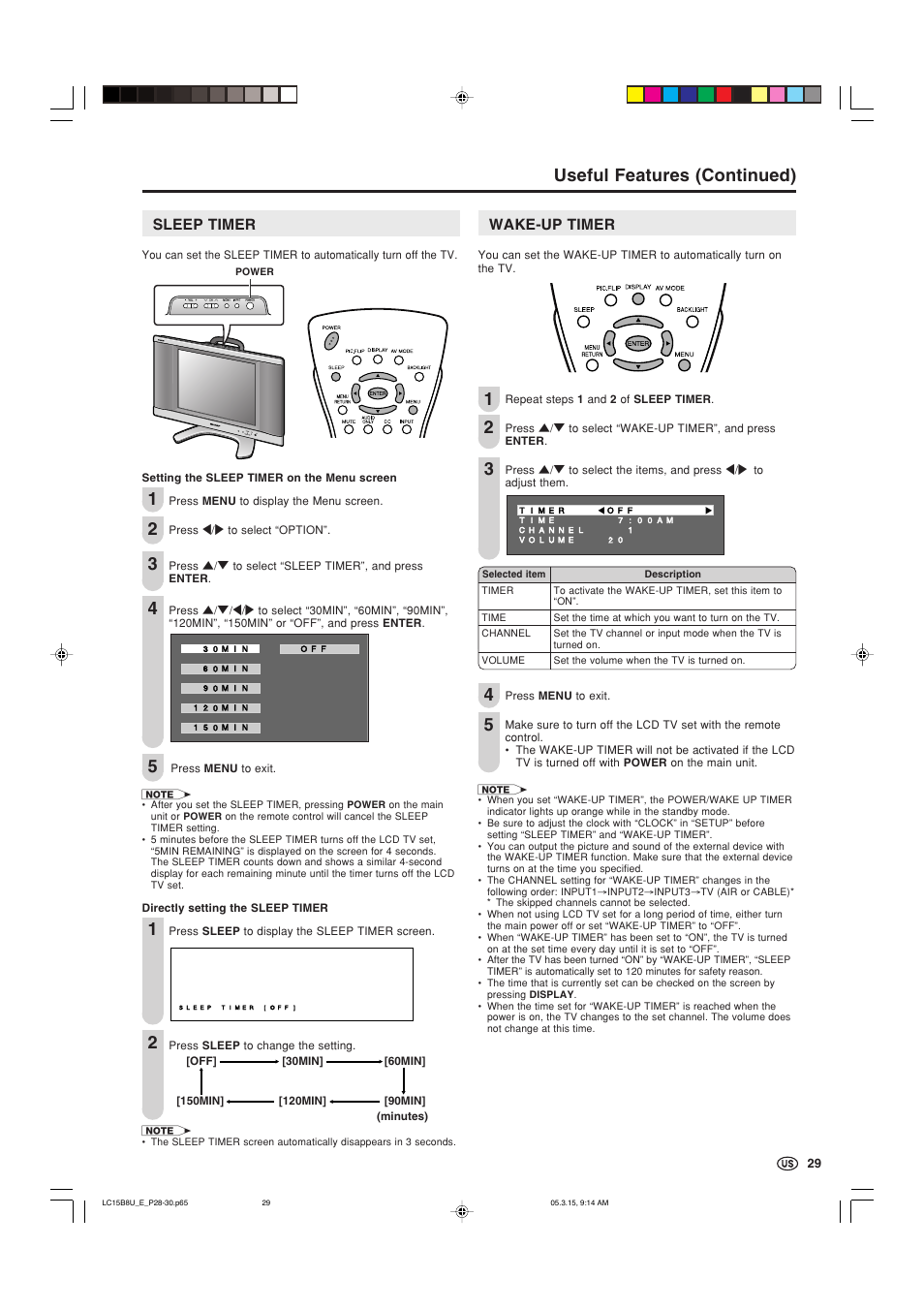 Sleep timer, Wake-up timer, Useful features (continued) | Sharp Aquos LC-15B8U-S User Manual | Page 30 / 39