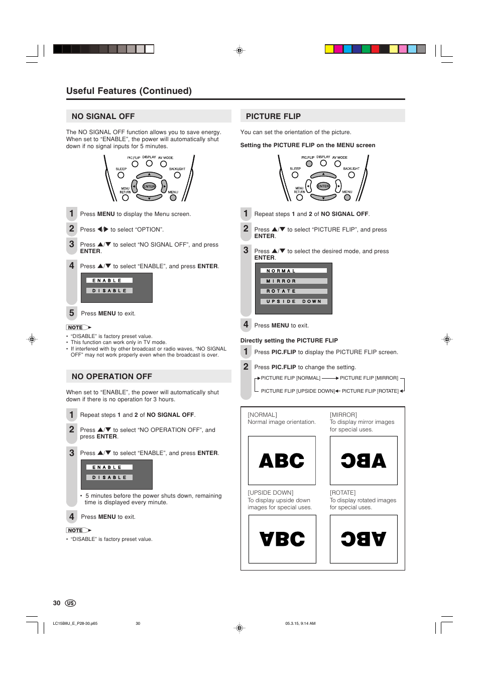 No signal off, No operation off, Picture flip | Useful features (continued) | Sharp Aquos LC-15B8U-S User Manual | Page 31 / 39