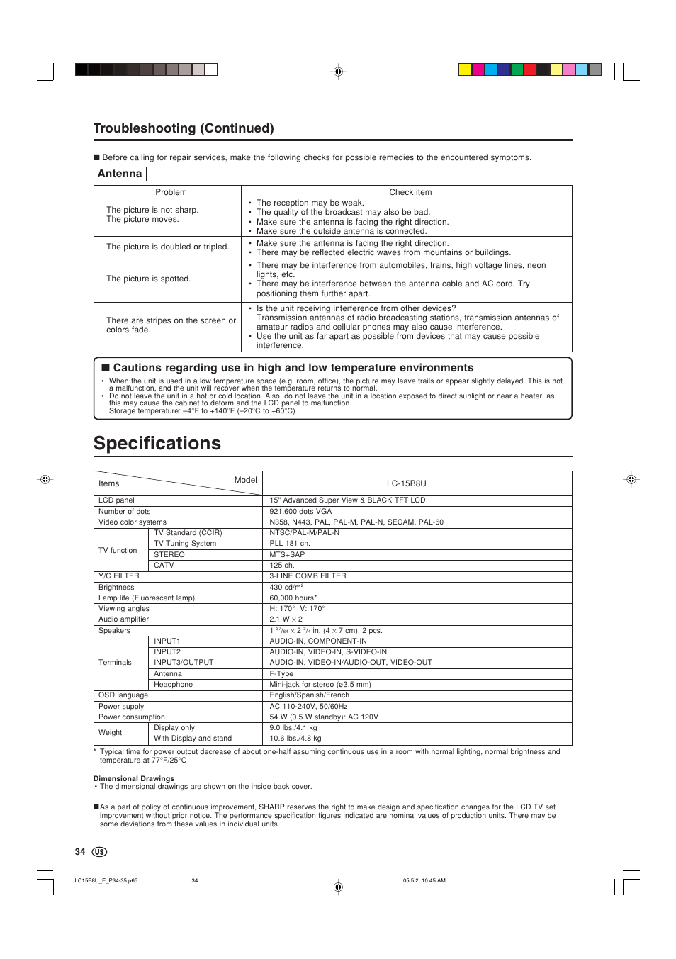 Specifications, Troubleshooting (continued), Antenna | Sharp Aquos LC-15B8U-S User Manual | Page 35 / 39