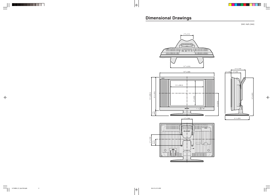 Dimensional drawings, Unit: inch (mm) | Sharp Aquos LC-15B8U-S User Manual | Page 38 / 39