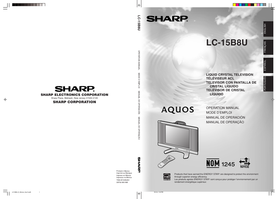 Sharp corporation, Lc-15b8u, Sharp electronics corporation | Sharp Aquos LC-15B8U-S User Manual | Page 39 / 39