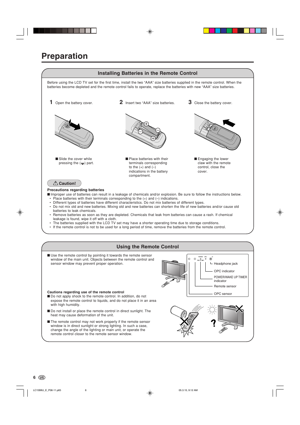 Preparation, Installing batteries in the remote control, Using the remote control | Sharp Aquos LC-15B8U-S User Manual | Page 7 / 39