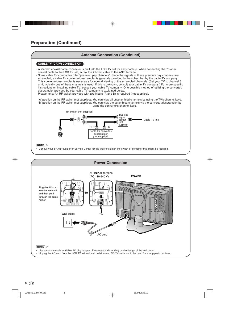 Power connection, Preparation (continued), Antenna connection (continued) | Sharp Aquos LC-15B8U-S User Manual | Page 9 / 39