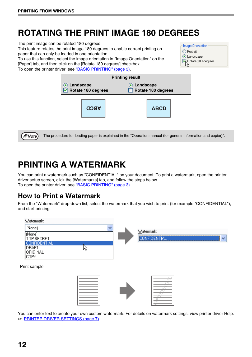 Rotating the print image 180 degrees, Printing a watermark, How to print a watermark | Sharp AR-NB3 User Manual | Page 13 / 41