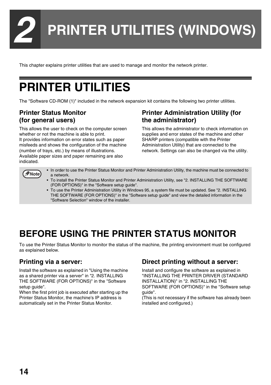 Printer utilities (windows), Printer utilities, Before using the printer status monitor | Before using the printer status, Monitor | Sharp AR-NB3 User Manual | Page 15 / 41