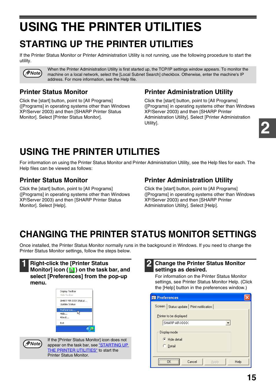 Using the printer utilities, Starting up the printer utilities, Changing the printer status monitor settings | Changing the printer status, Monitor settings | Sharp AR-NB3 User Manual | Page 16 / 41