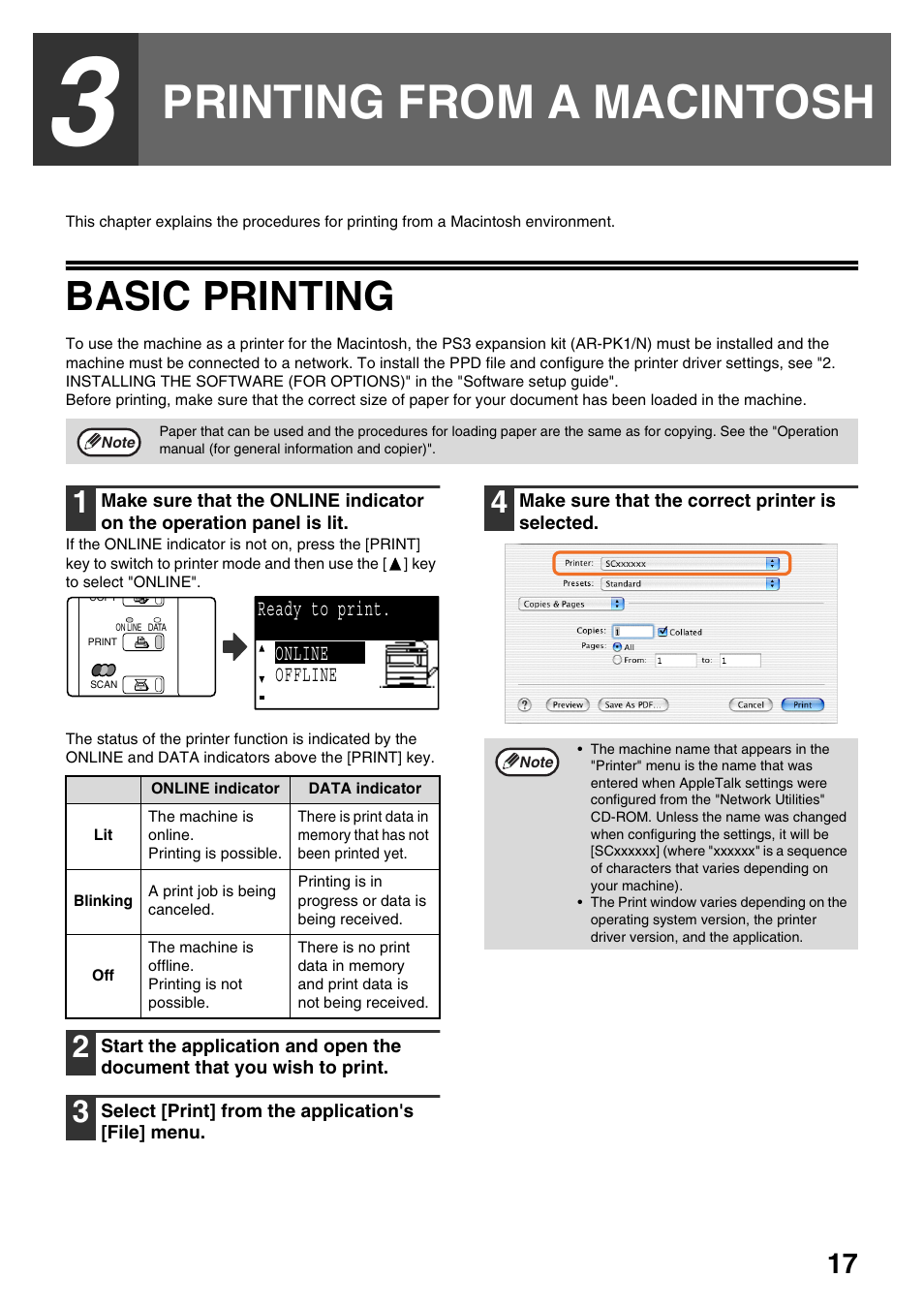 Printing from a macintosh, Basic printing | Sharp AR-NB3 User Manual | Page 18 / 41