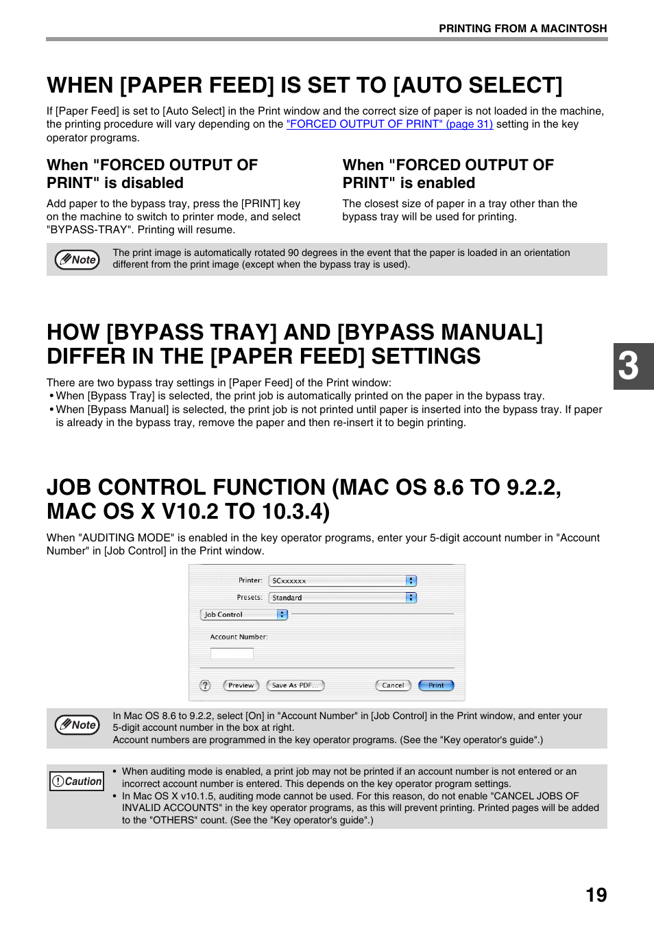 When [paper feed] is set to [auto select, When [paper feed] is set to [auto, Select | How [bypass tray] and [bypass, Manual] differ in the [paper feed] settings, Job control function (mac os 8.6 to, 2, mac os x v10.2 to 10.3.4) | Sharp AR-NB3 User Manual | Page 20 / 41