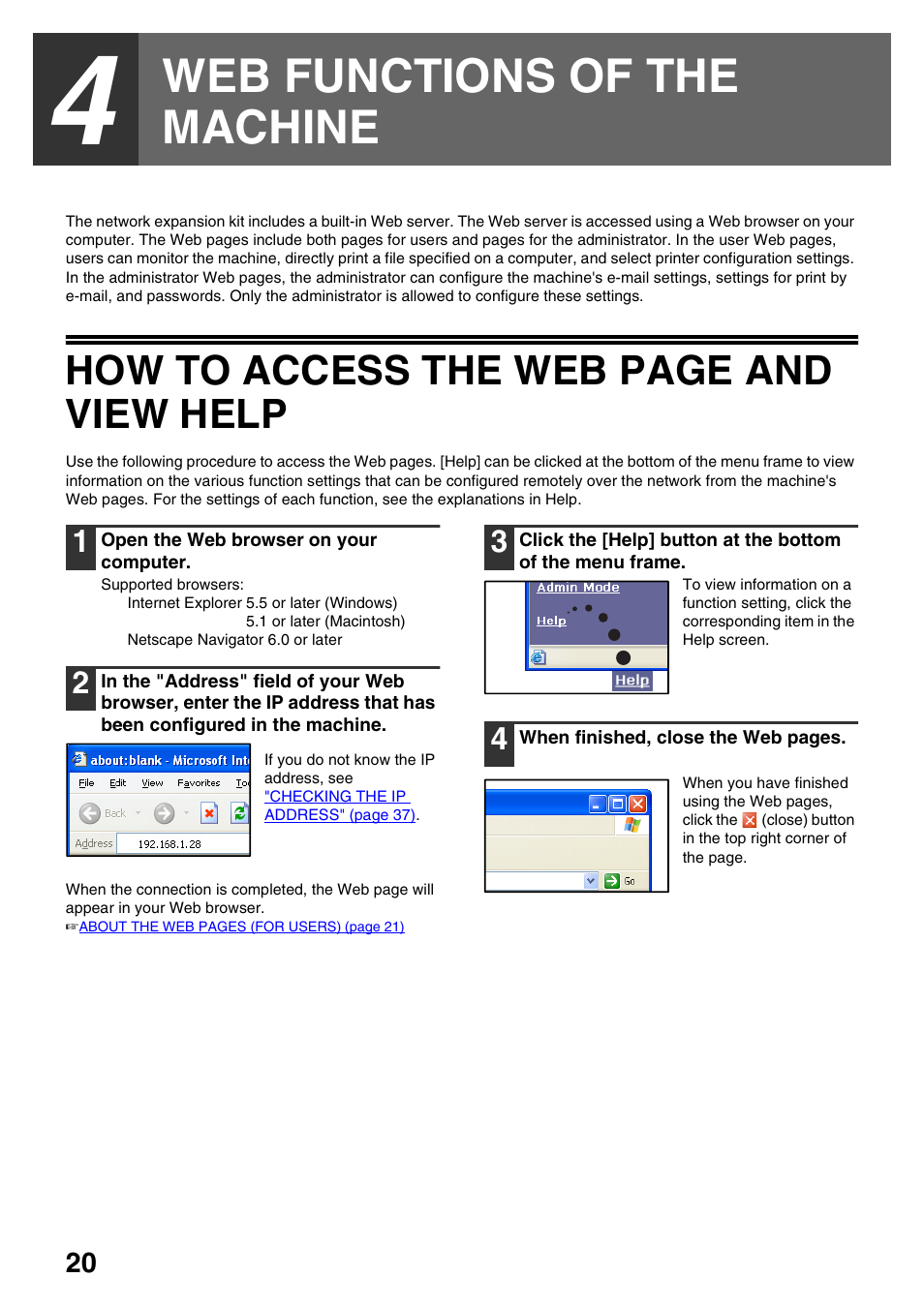 Web functions of the machine, How to access the web page and view help | Sharp AR-NB3 User Manual | Page 21 / 41