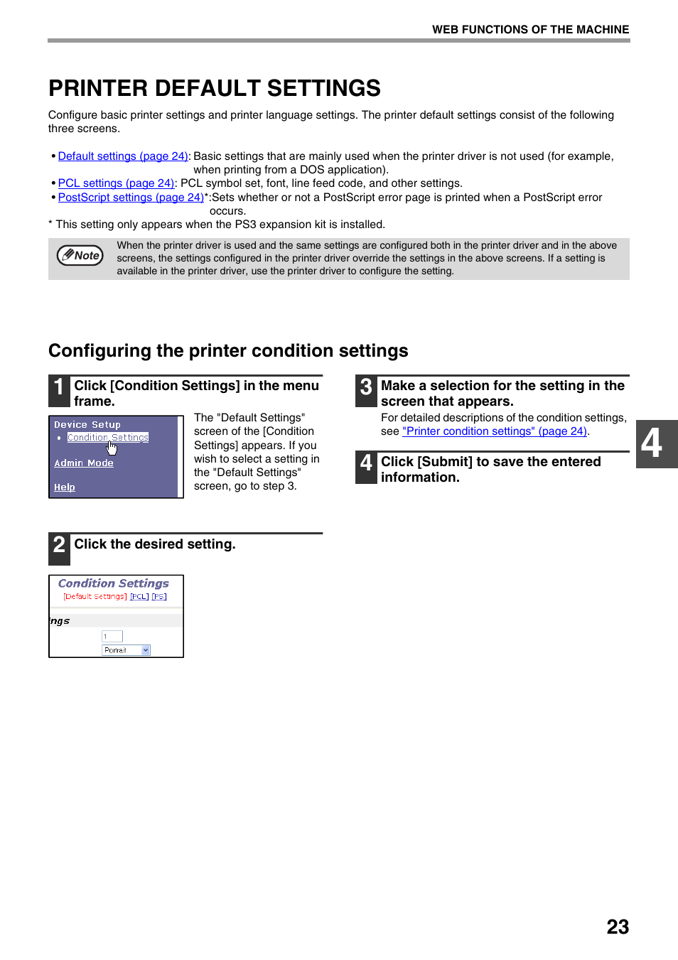Printer default settings, Configuring the printer condition settings | Sharp AR-NB3 User Manual | Page 24 / 41