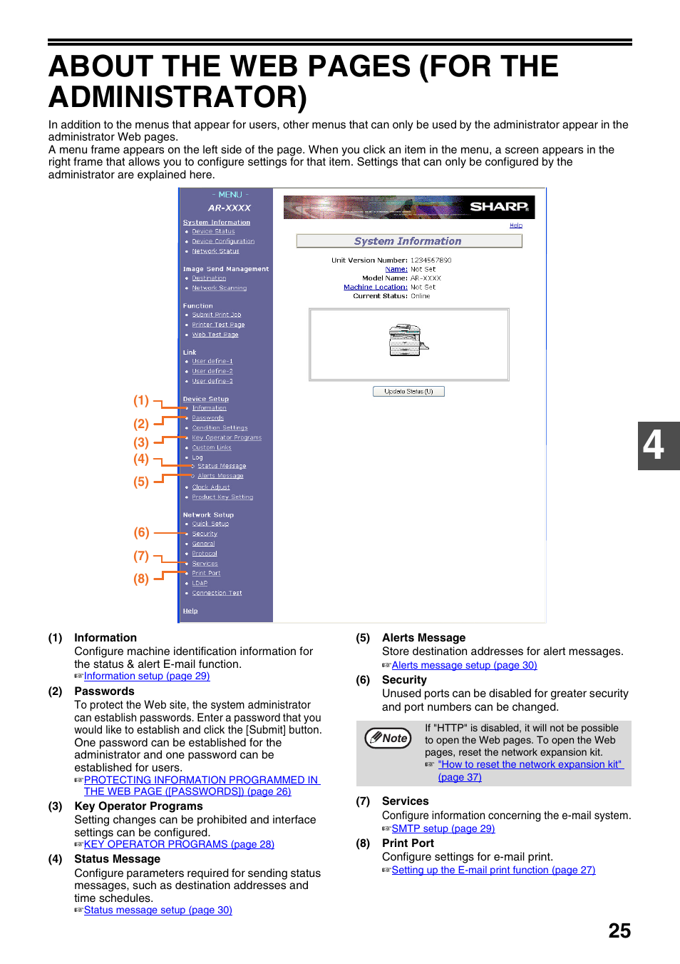 About the web pages (for the administrator) | Sharp AR-NB3 User Manual | Page 26 / 41