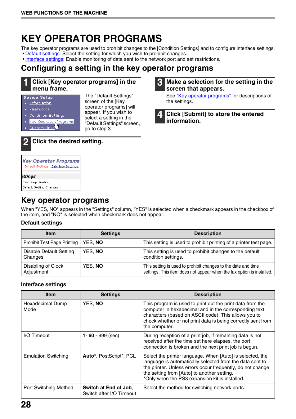 Key operator programs, Configuring a setting in the key operator programs | Sharp AR-NB3 User Manual | Page 29 / 41