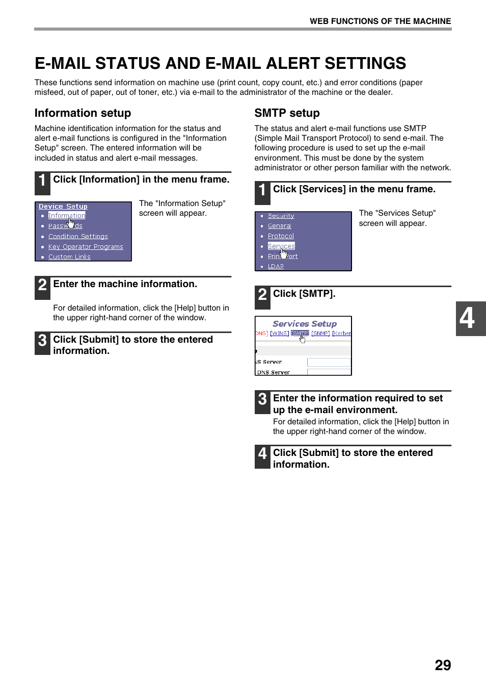 E-mail status and e-mail alert settings, E-mail status and e-mail alert, Settings | Sharp AR-NB3 User Manual | Page 30 / 41
