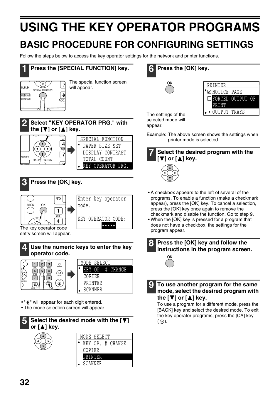 Using the key operator programs, Basic procedure for configuring settings, Basic procedure for configuring | Settings, Enter key operator code. key operator code | Sharp AR-NB3 User Manual | Page 33 / 41