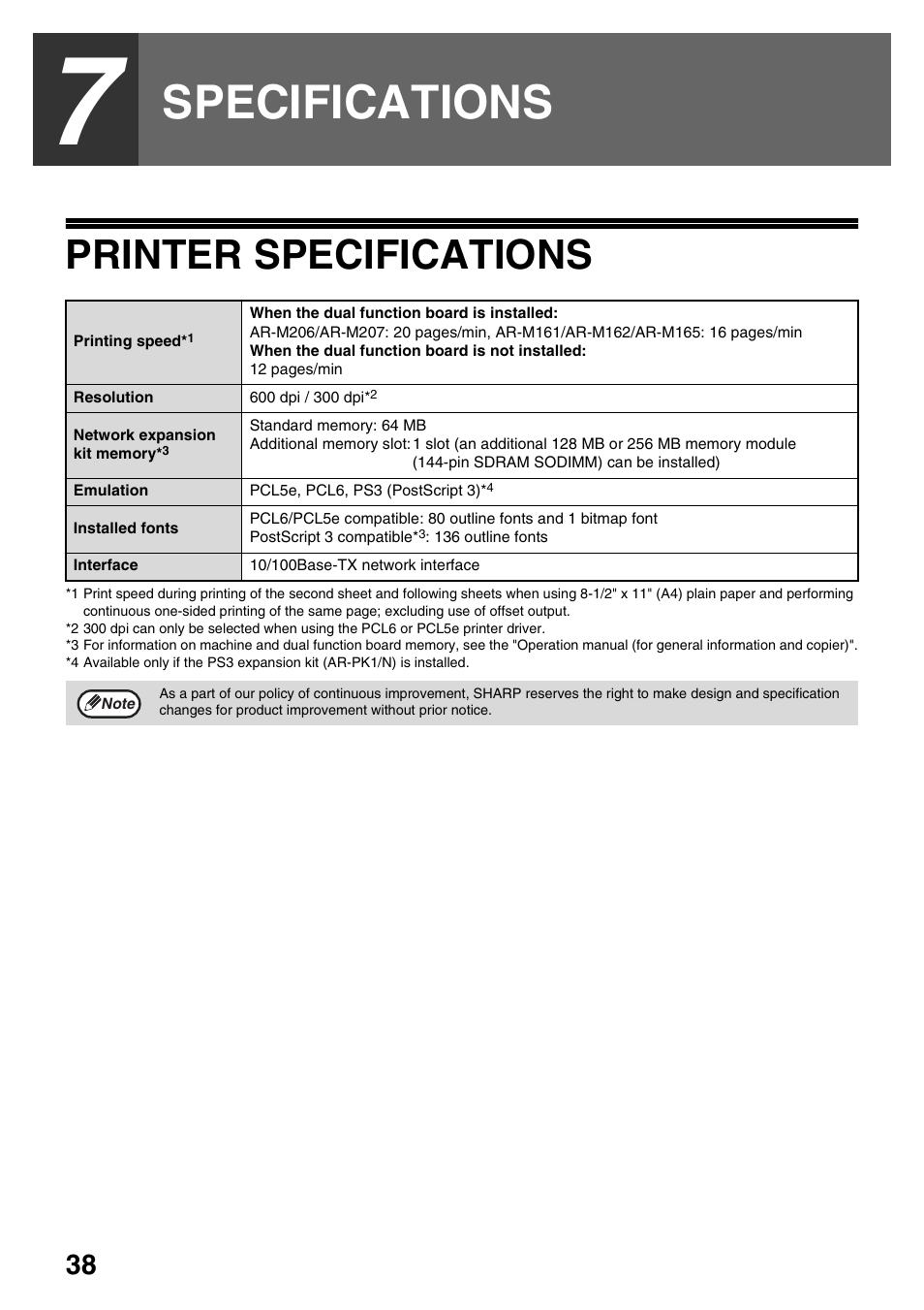 Specifications, Printer specifications | Sharp AR-NB3 User Manual | Page 39 / 41