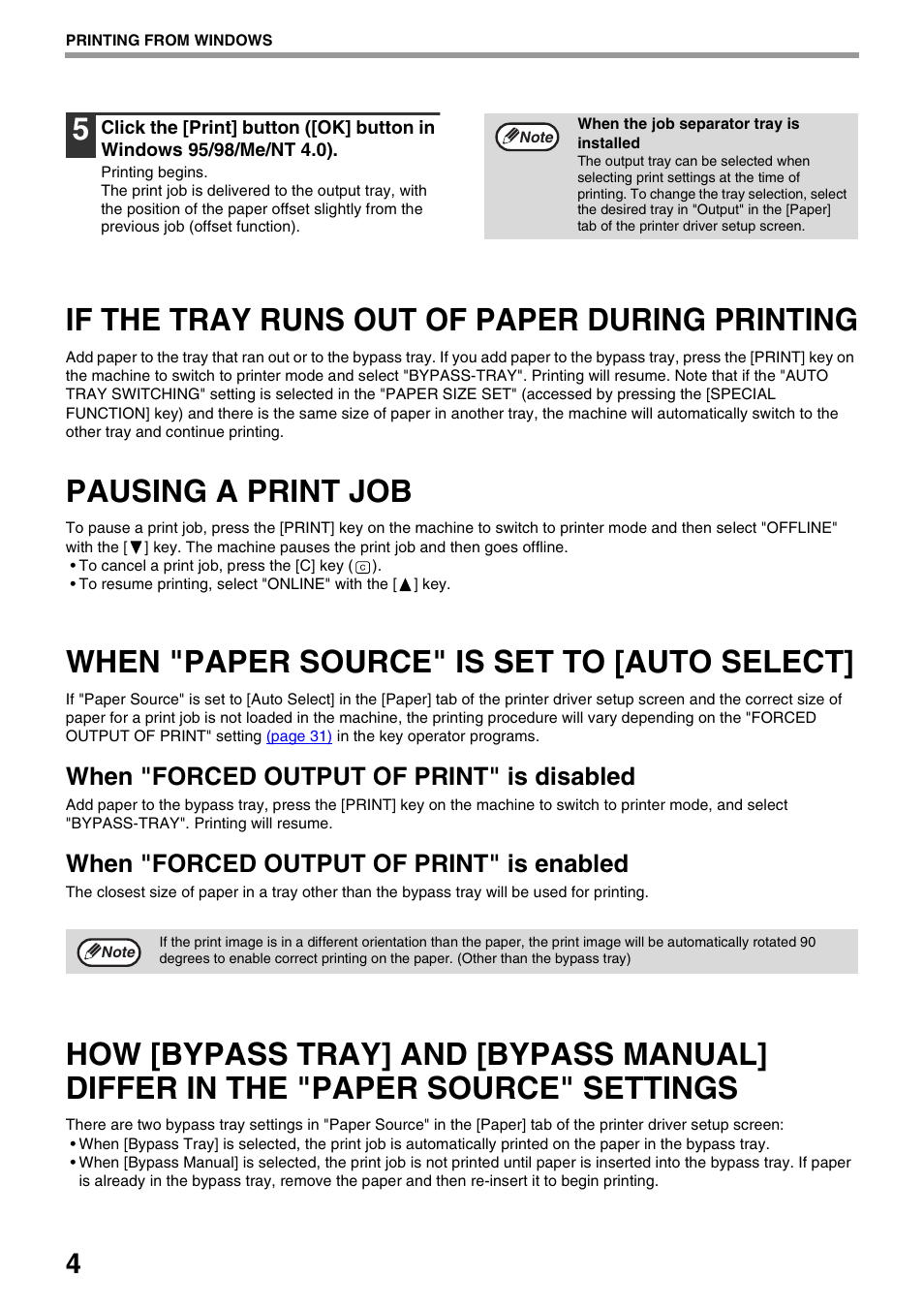 If the tray runs out of paper during printing, Pausing a print job, When "paper source" is set to [auto select | If the tray runs out of paper during, Printing, When "paper source" is set to [auto, Select, How [bypass tray] and [bypass, Manual] differ in the "paper source" settings, When "forced output of print" is disabled | Sharp AR-NB3 User Manual | Page 5 / 41
