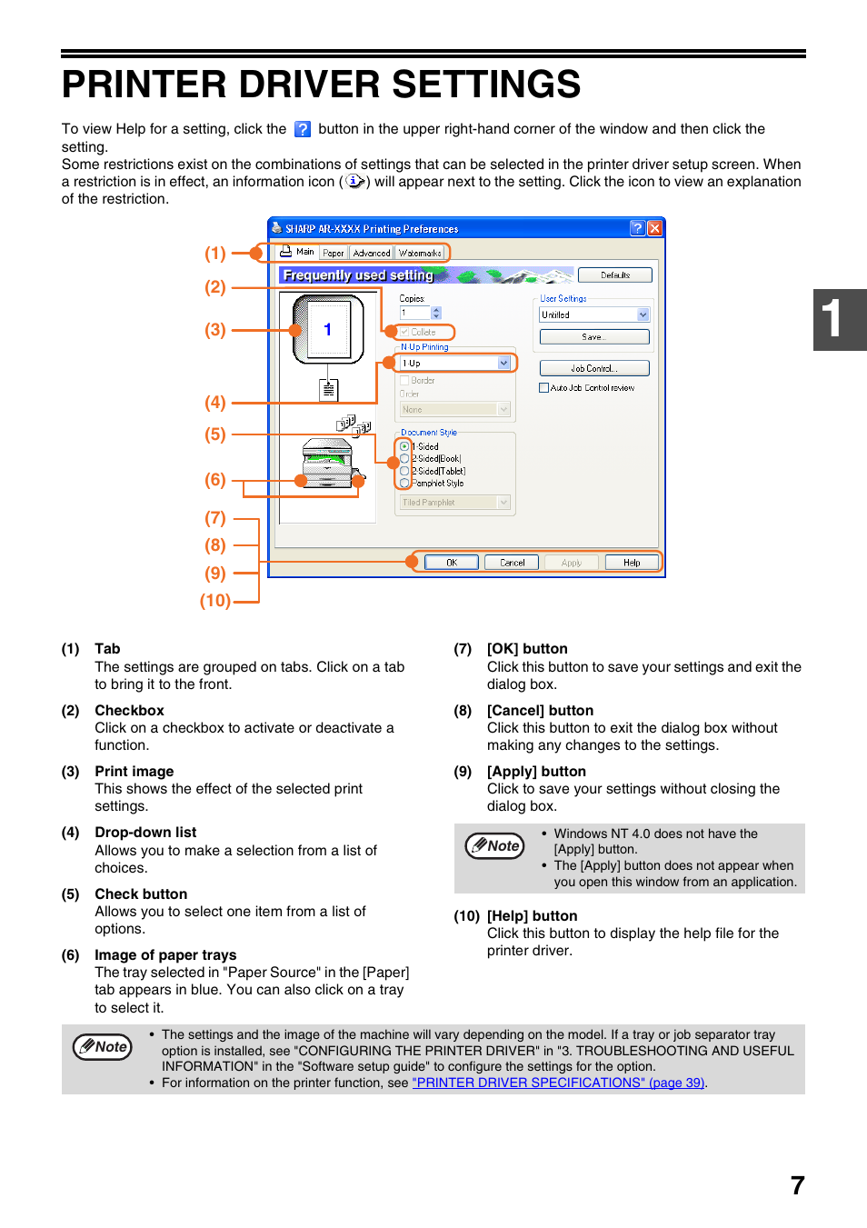 Printer driver settings | Sharp AR-NB3 User Manual | Page 8 / 41