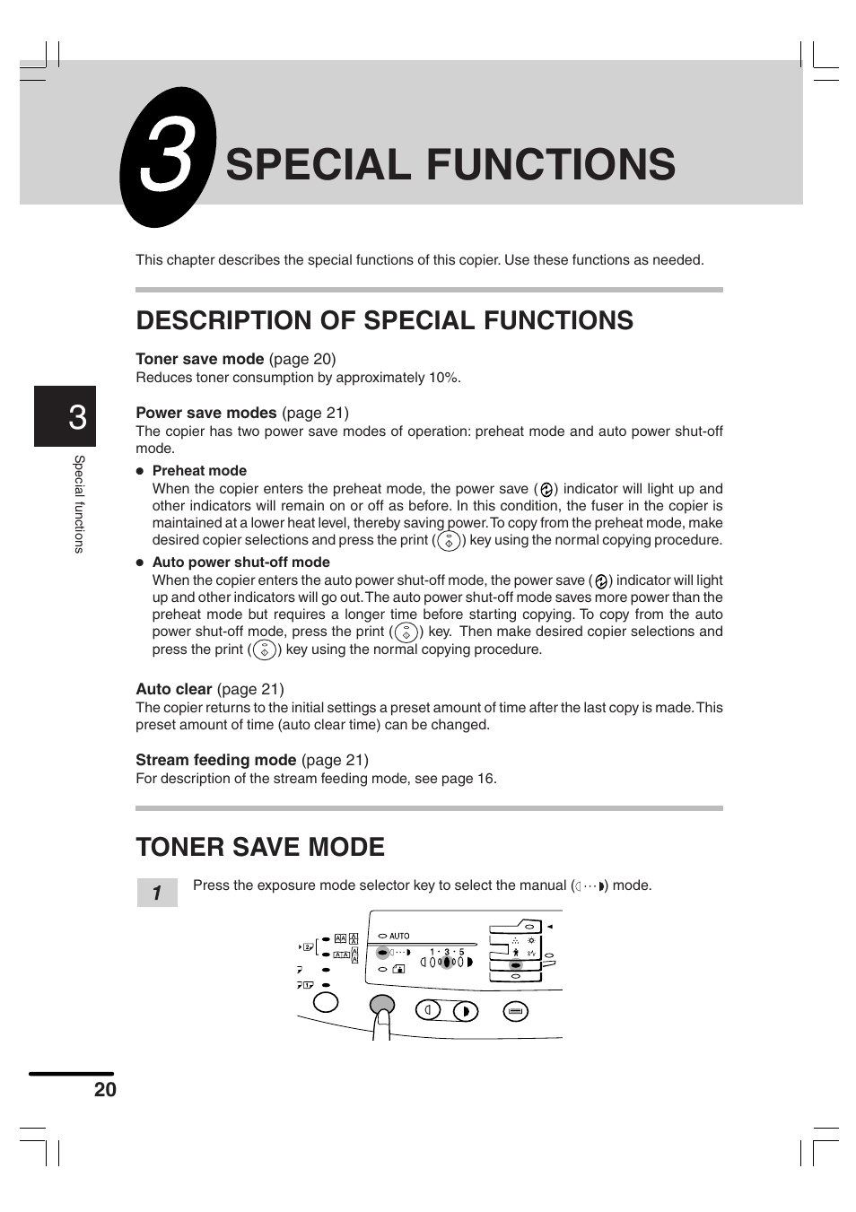 Special functions, Description of special functions, Toner save mode | Sharp AR-156 User Manual | Page 22 / 52