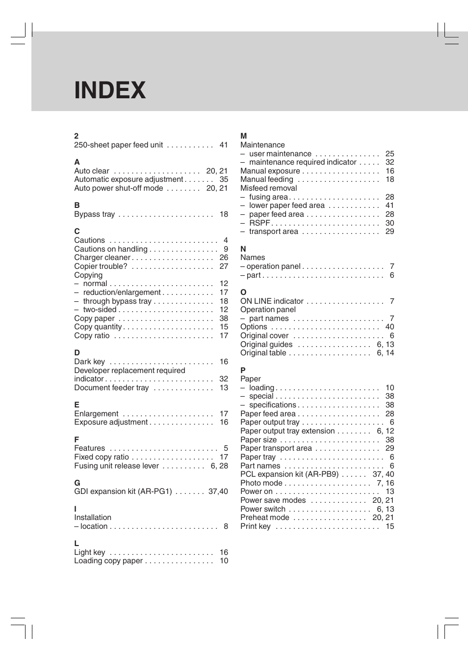 Index | Sharp AR-156 User Manual | Page 45 / 52