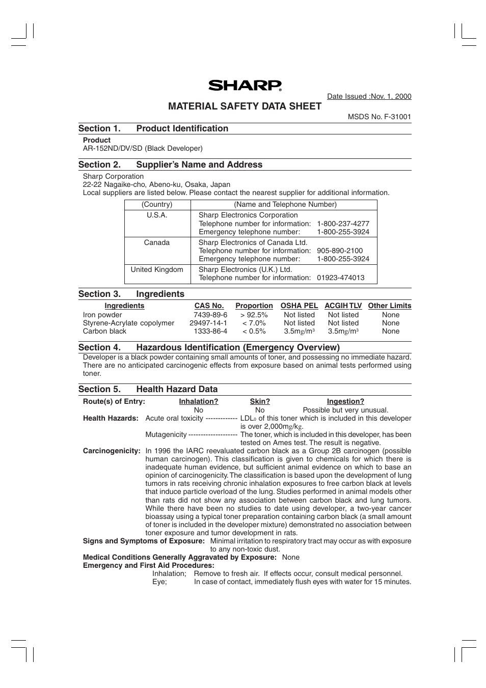 Material safety data sheet | Sharp AR-156 User Manual | Page 49 / 52