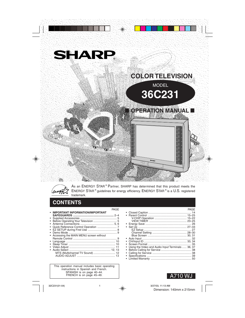 Sharp 36C231 User Manual | 52 pages