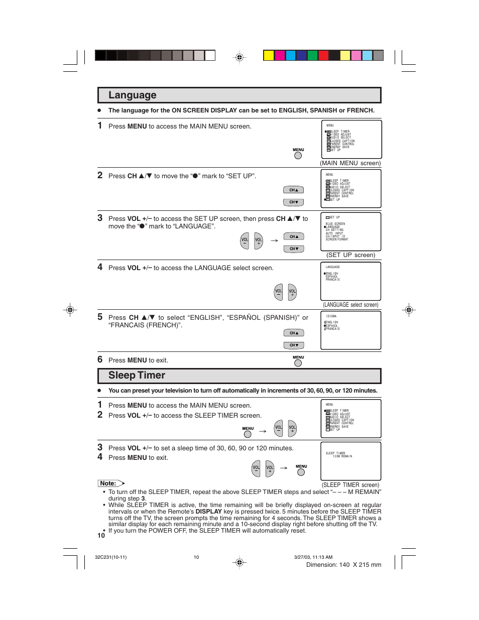 Sleep timer, Language | Sharp 36C231 User Manual | Page 10 / 52