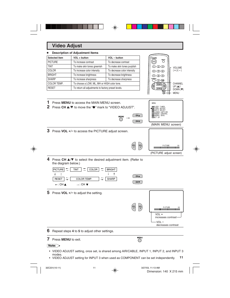 Video adjust | Sharp 36C231 User Manual | Page 11 / 52