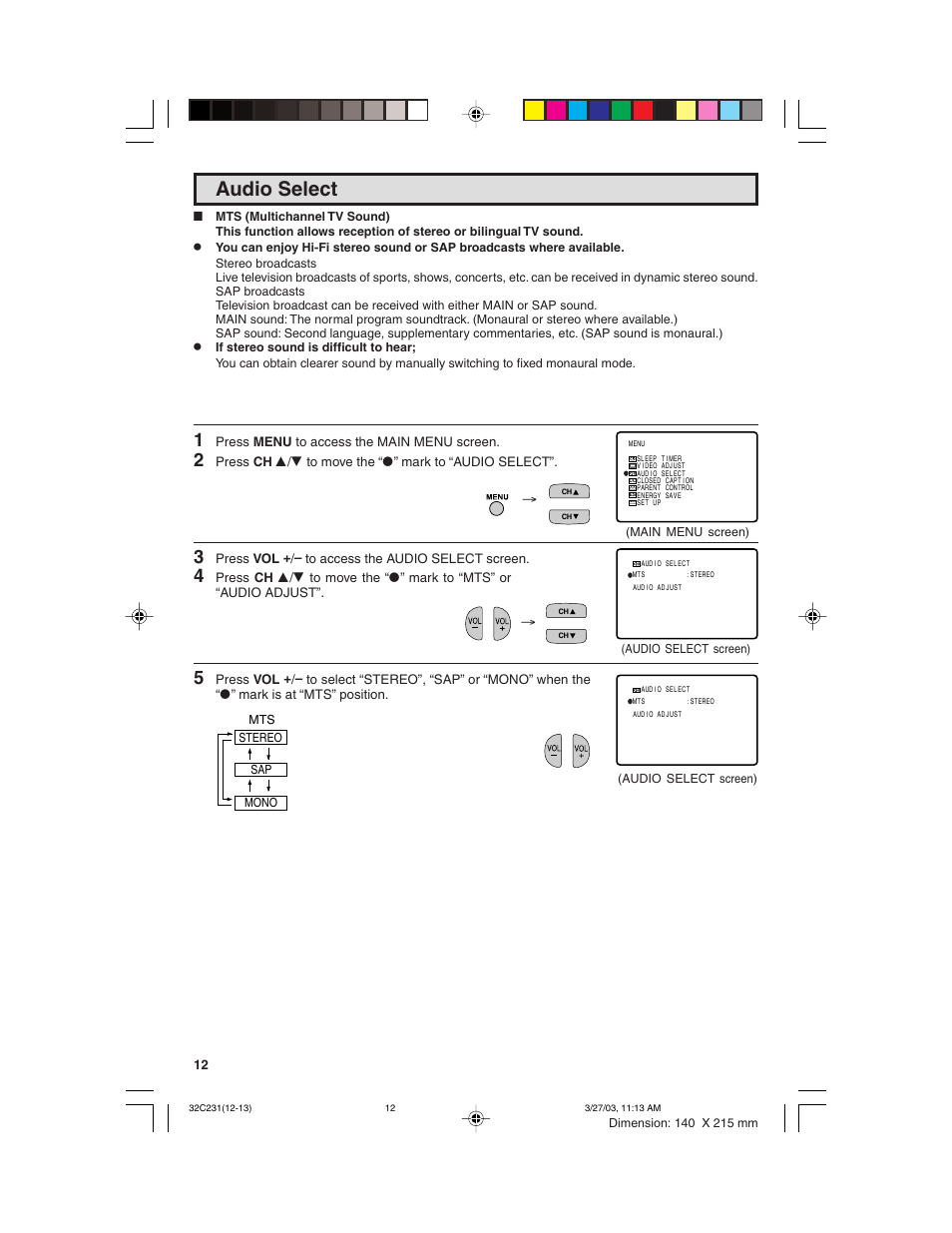 Audio select | Sharp 36C231 User Manual | Page 12 / 52