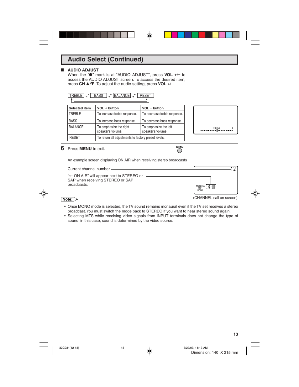 Audio select (continued) | Sharp 36C231 User Manual | Page 13 / 52