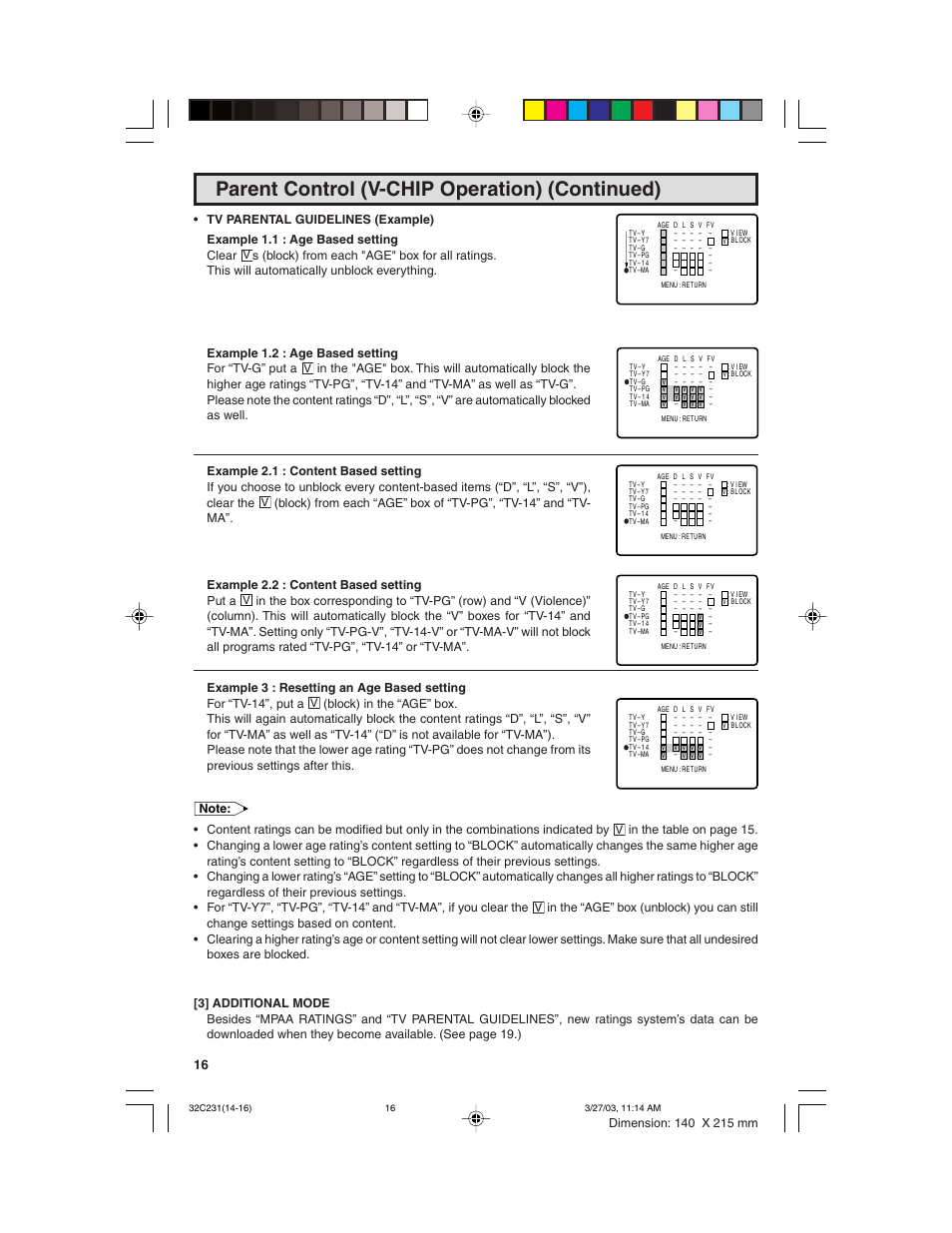 Parent control (v-chip operation) (continued) | Sharp 36C231 User Manual | Page 16 / 52