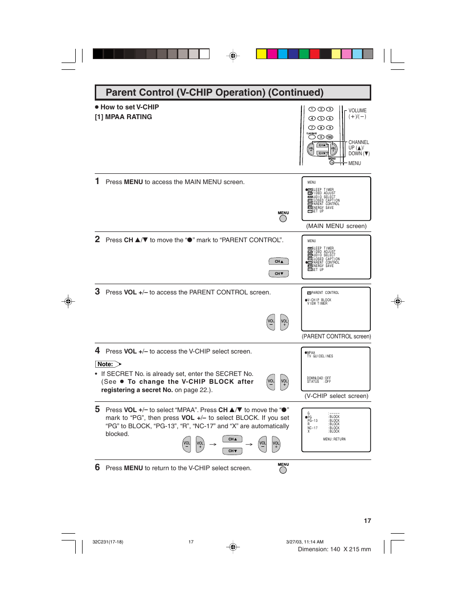 Parent control (v-chip operation) (continued), How to set v-chip [1] mpaa rating | Sharp 36C231 User Manual | Page 17 / 52