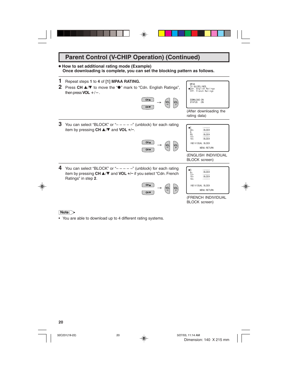 Parent control (v-chip operation) (continued), Repeat steps 1 to 4 of [1] mpaa rating | Sharp 36C231 User Manual | Page 20 / 52