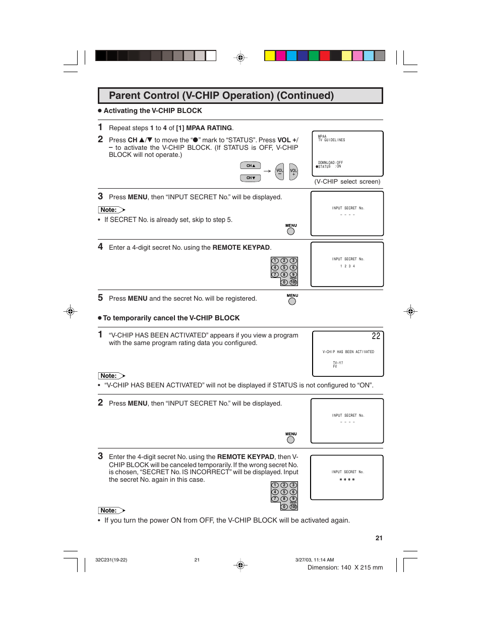 Parent control (v-chip operation) (continued) | Sharp 36C231 User Manual | Page 21 / 52