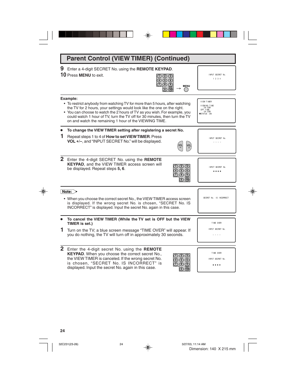 Parent control (view timer) (continued), Enter a 4-digit secret no. using the remote keypad, Press menu to exit | Sharp 36C231 User Manual | Page 24 / 52