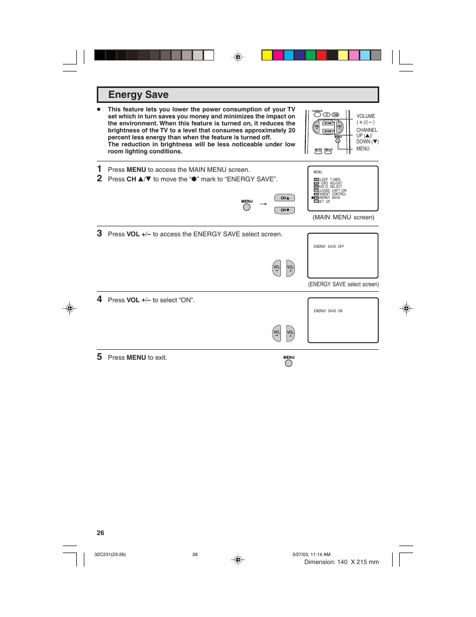 Energy save | Sharp 36C231 User Manual | Page 26 / 52