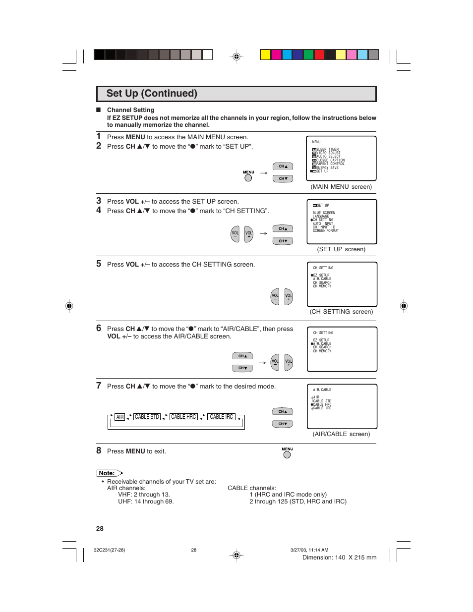 Set up (continued) | Sharp 36C231 User Manual | Page 28 / 52
