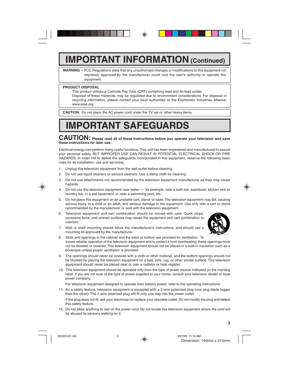 Important information, Important safeguards, Caution | Continued) | Sharp 36C231 User Manual | Page 3 / 52