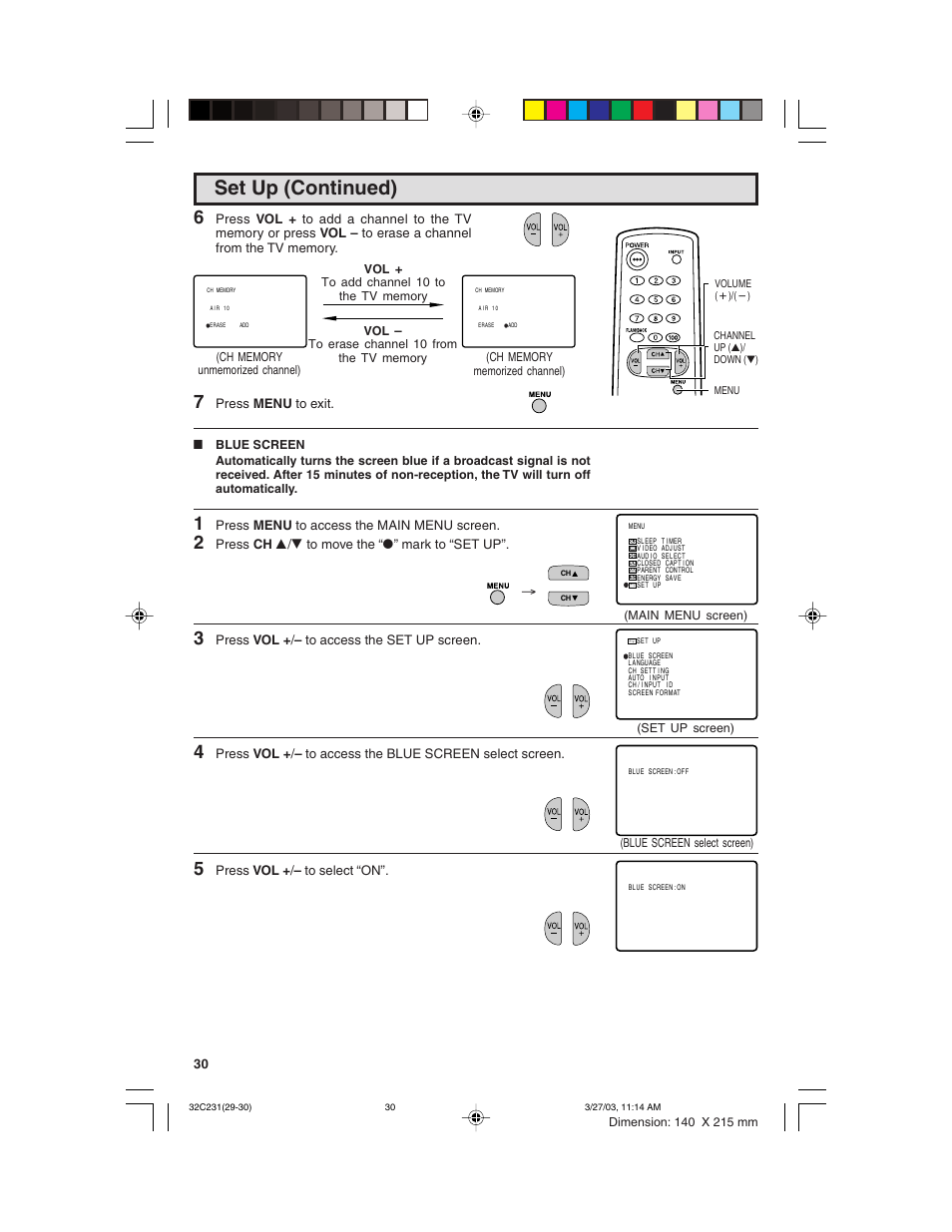 Set up (continued) | Sharp 36C231 User Manual | Page 30 / 52