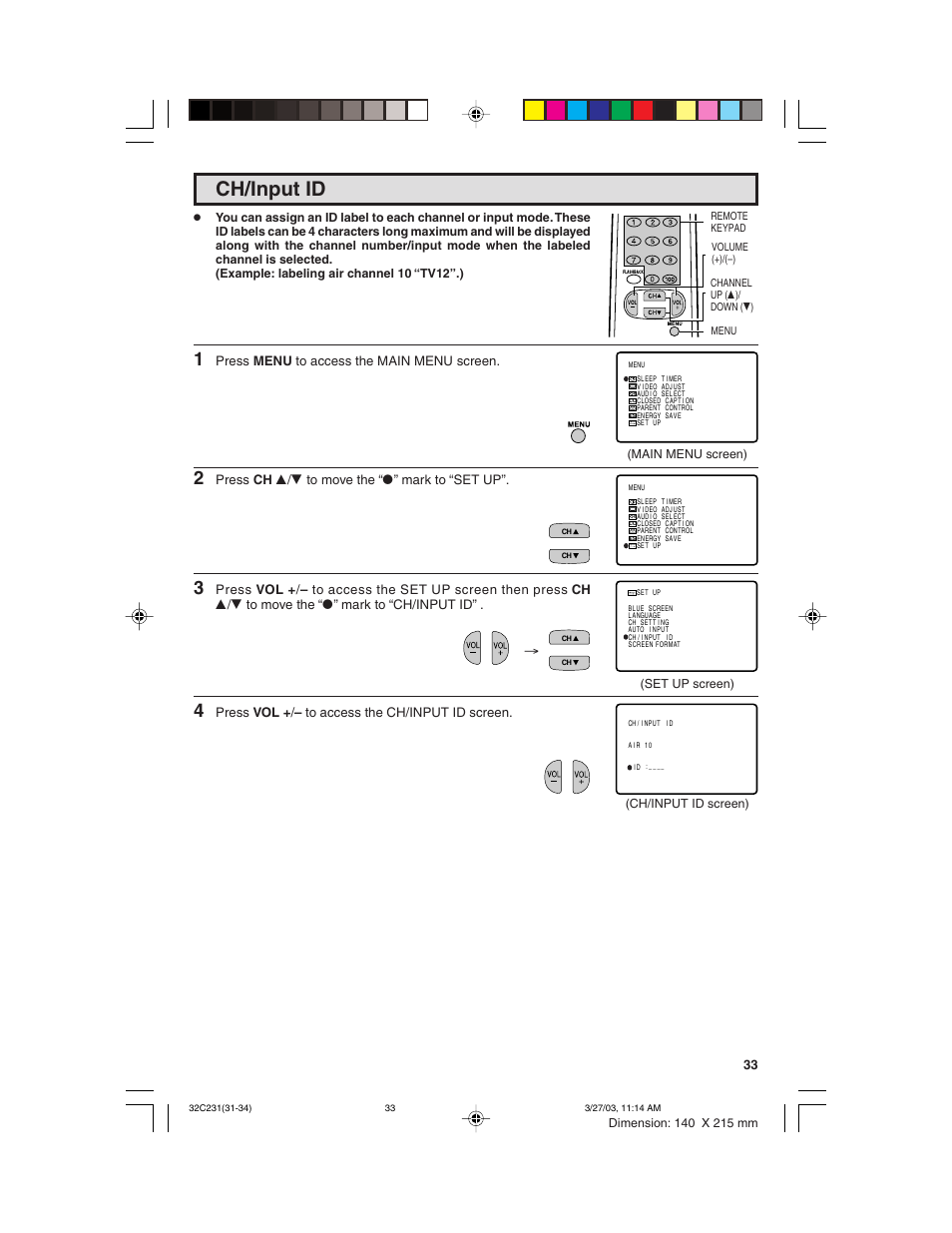 Ch/input id | Sharp 36C231 User Manual | Page 33 / 52