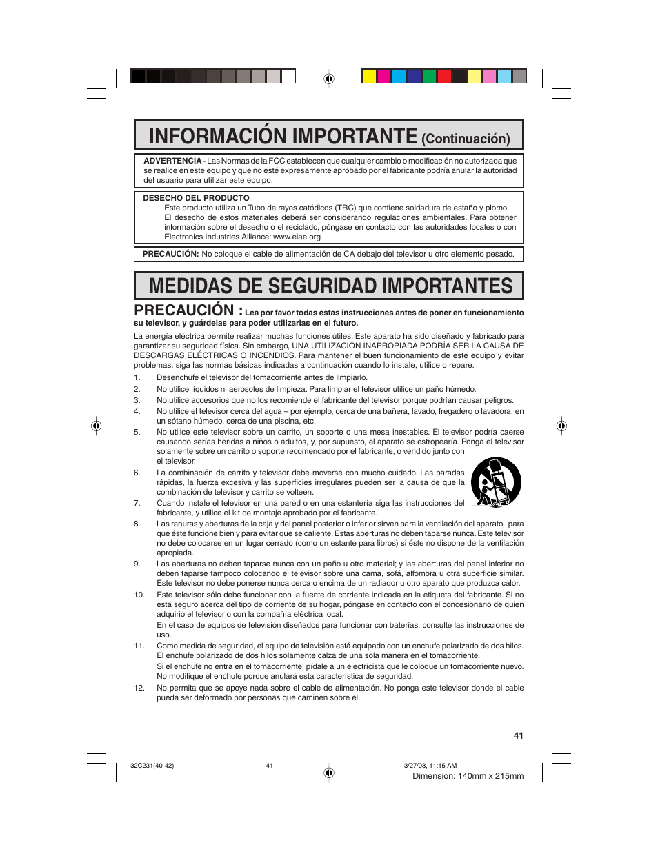 Información importante, Medidas de seguridad importantes, Precaución | Continuación) | Sharp 36C231 User Manual | Page 41 / 52