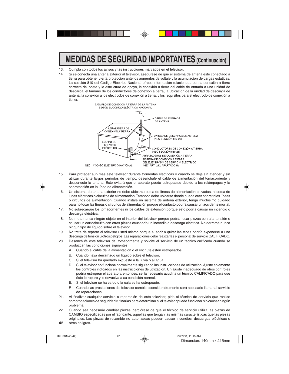 Medidas de seguridad importantes, Continuación) | Sharp 36C231 User Manual | Page 42 / 52