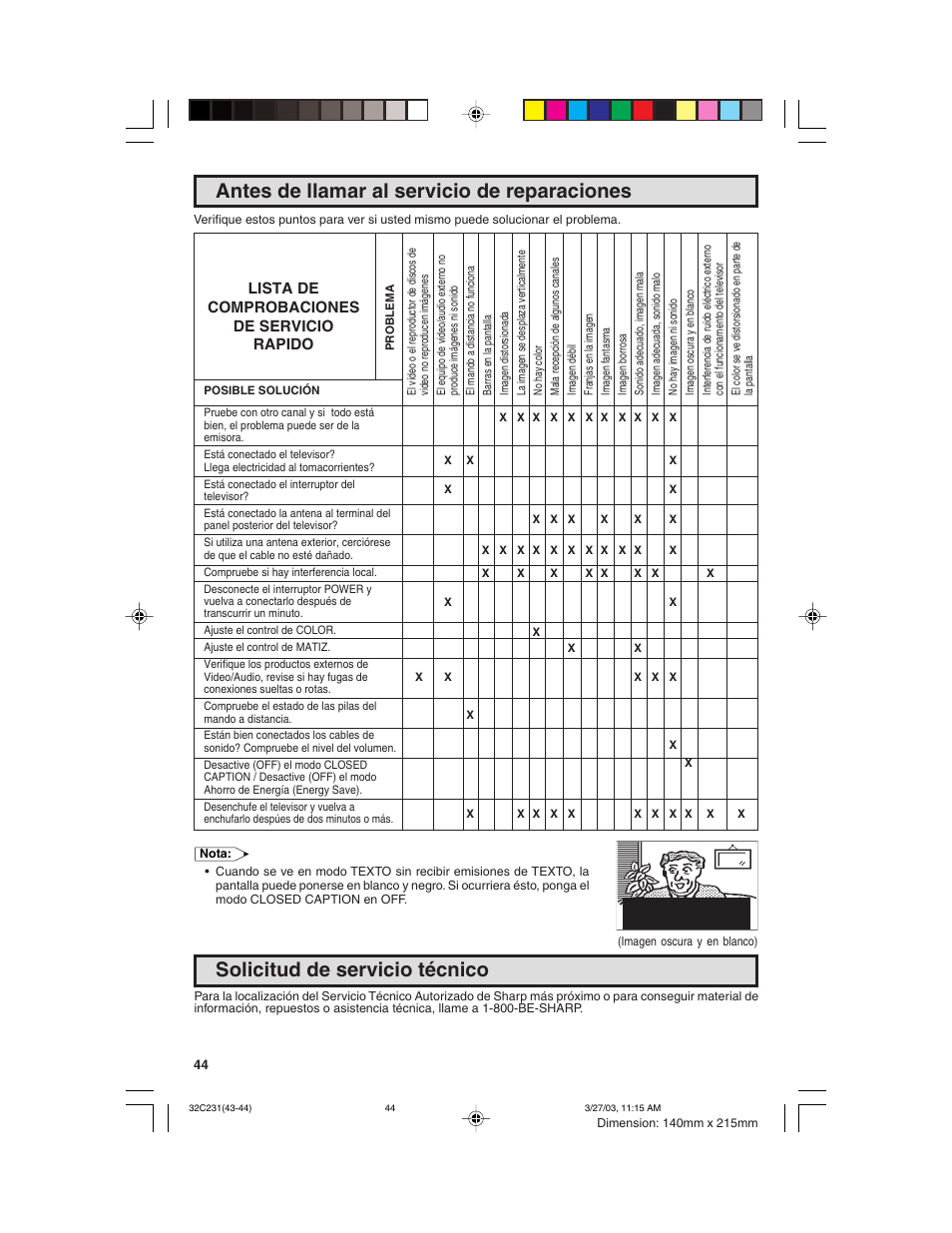 Antes de llamar al servicio de reparaciones, Solicitud de servicio técnico, Lista de comprobaciones de servicio rapido | Sharp 36C231 User Manual | Page 44 / 52