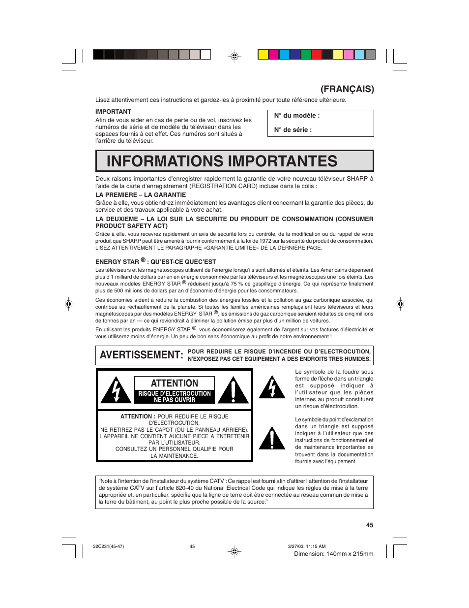 Informations importantes, Avertissement, Français) | Sharp 36C231 User Manual | Page 45 / 52