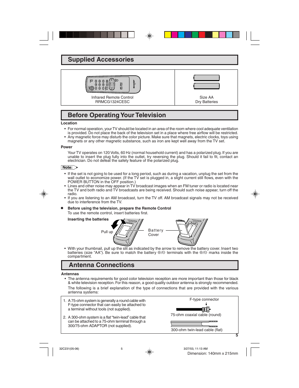 Supplied accessories, Before operating your television, Antenna connections | Sharp 36C231 User Manual | Page 5 / 52