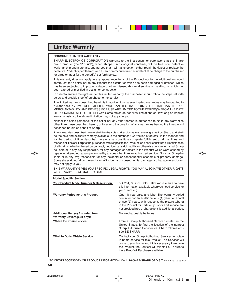 Limited warranty | Sharp 36C231 User Manual | Page 50 / 52