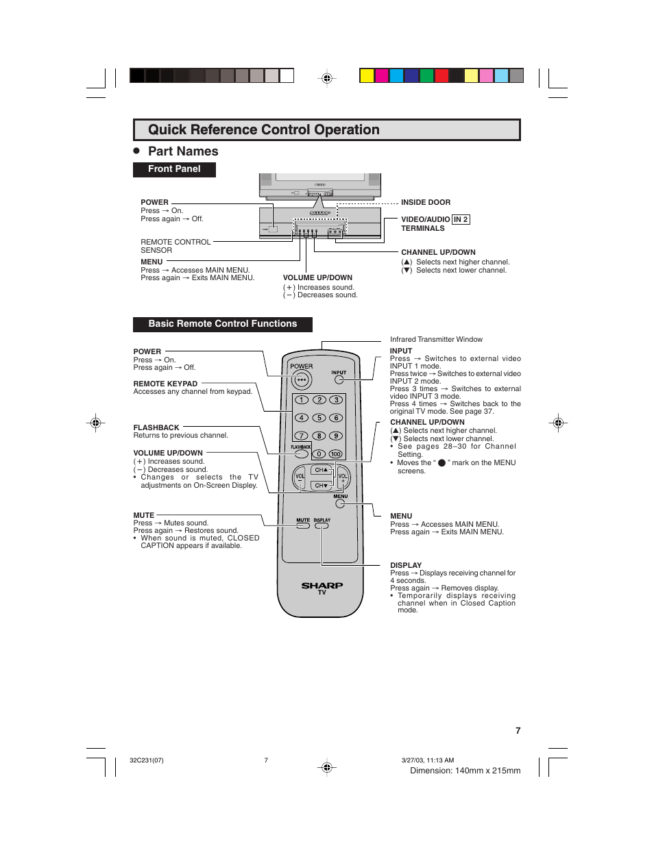 Quick reference control operation, Part names | Sharp 36C231 User Manual | Page 7 / 52