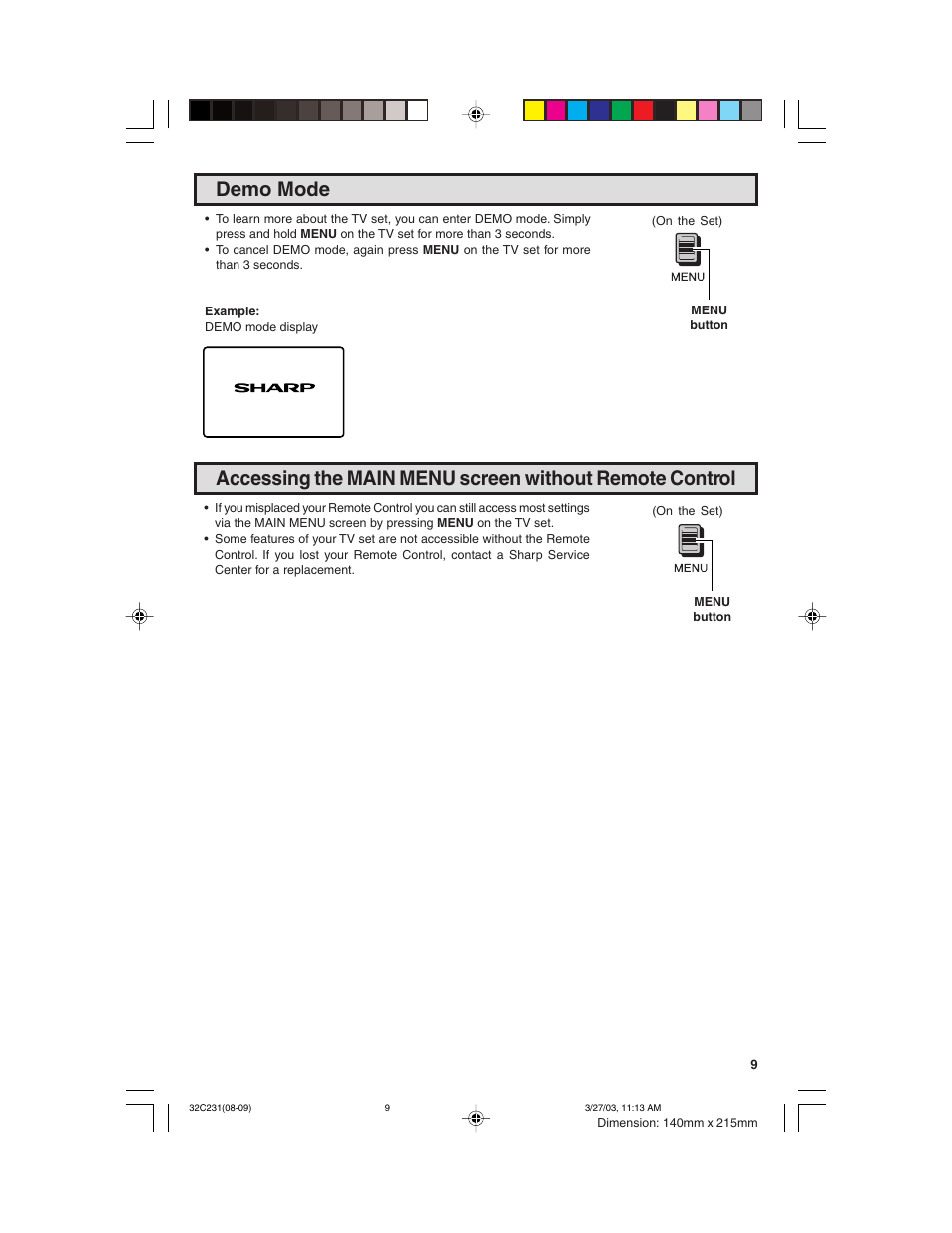 Demo mode | Sharp 36C231 User Manual | Page 9 / 52