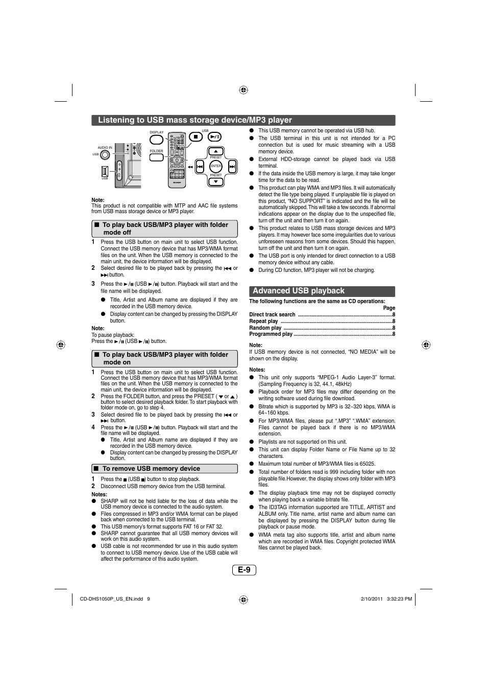 Advanced usb playback, Listening to usb mass storage device/mp3 player | Sharp CD DHS1050P User Manual | Page 10 / 16